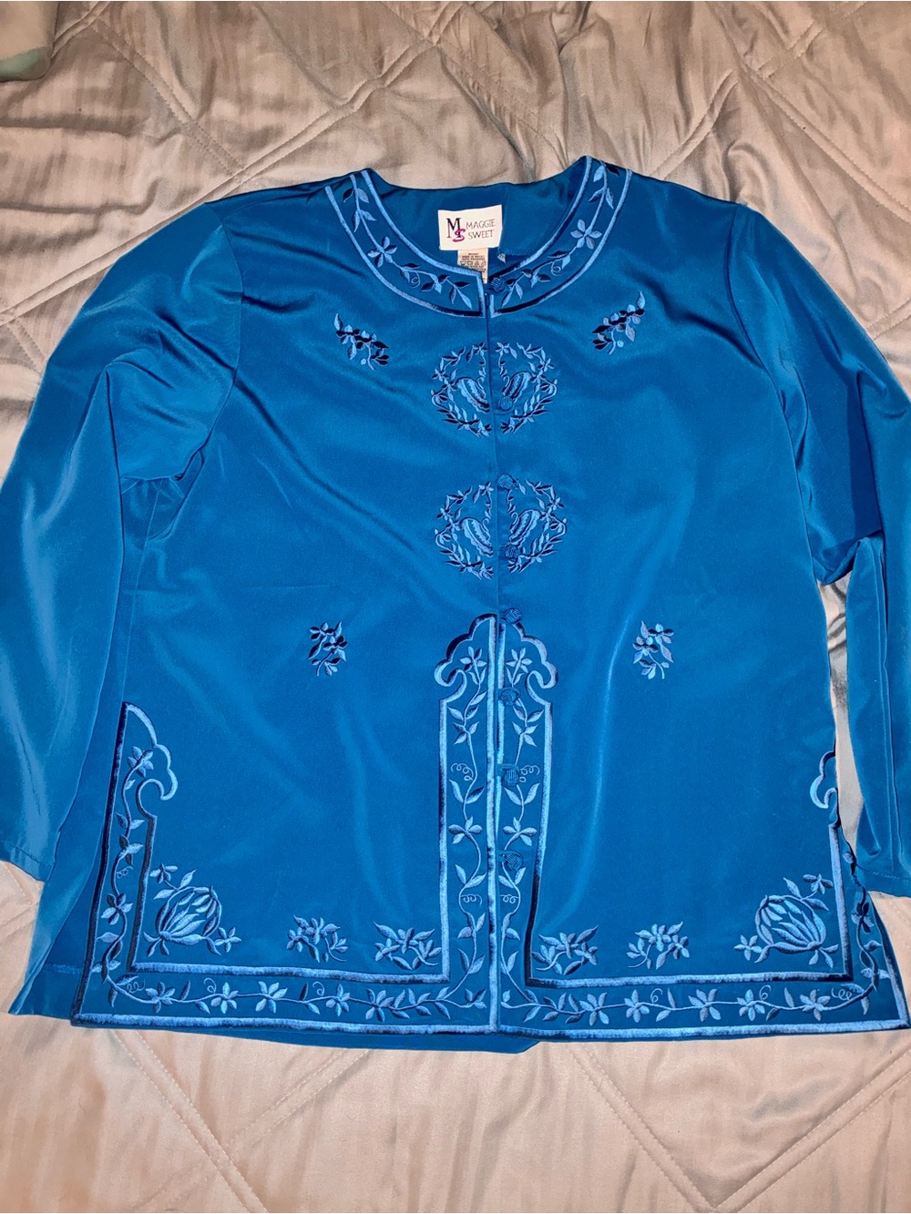 Blue Embroidered Long-Sleeve Women's Top